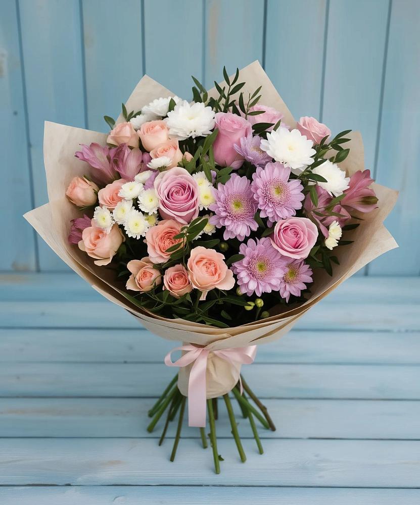 Букет цветов из: Хризантемы, Розы и Альстромерии в Большеречье