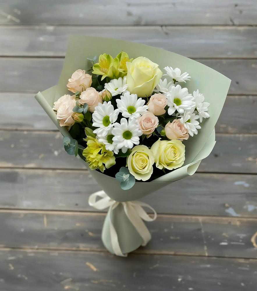 Букет цветов из: Альстромерии, Розы и Хризантемы в Большеречье