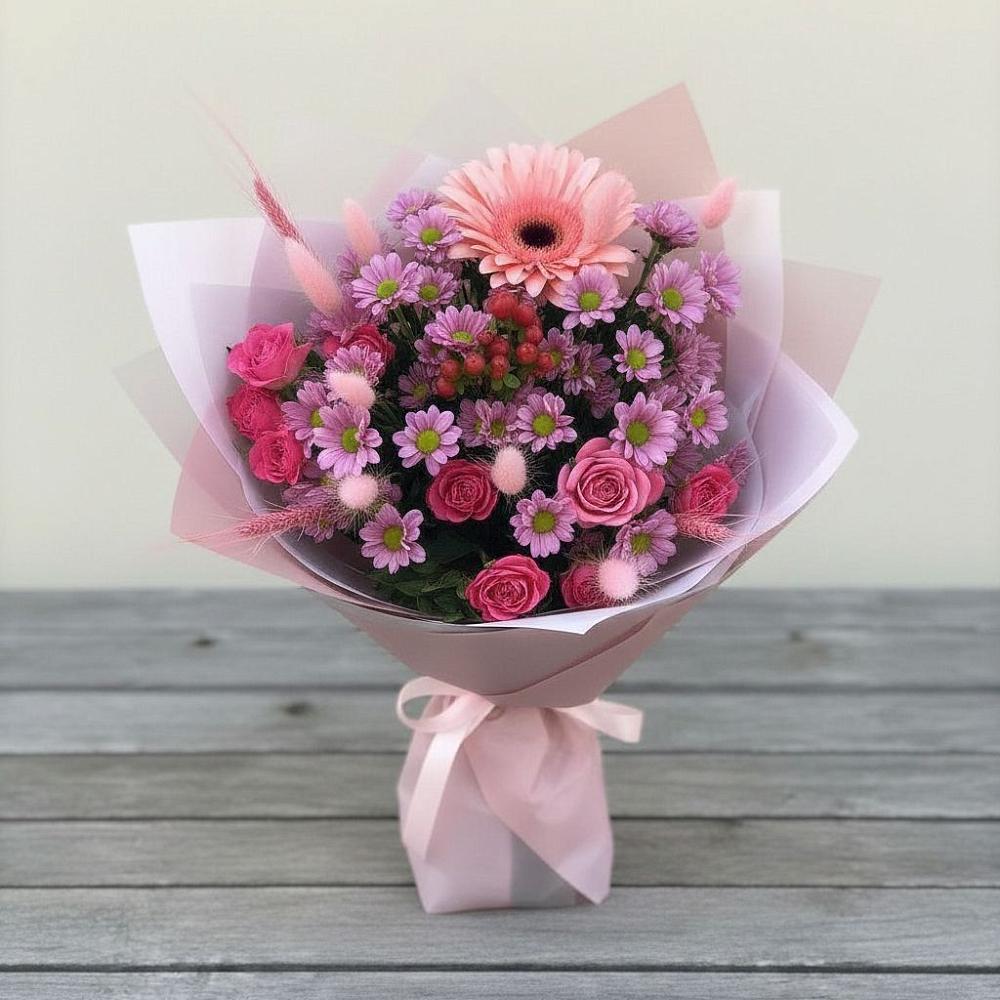 Букет цветов из: Розы, Герберы и Хризантемы в Большеречье