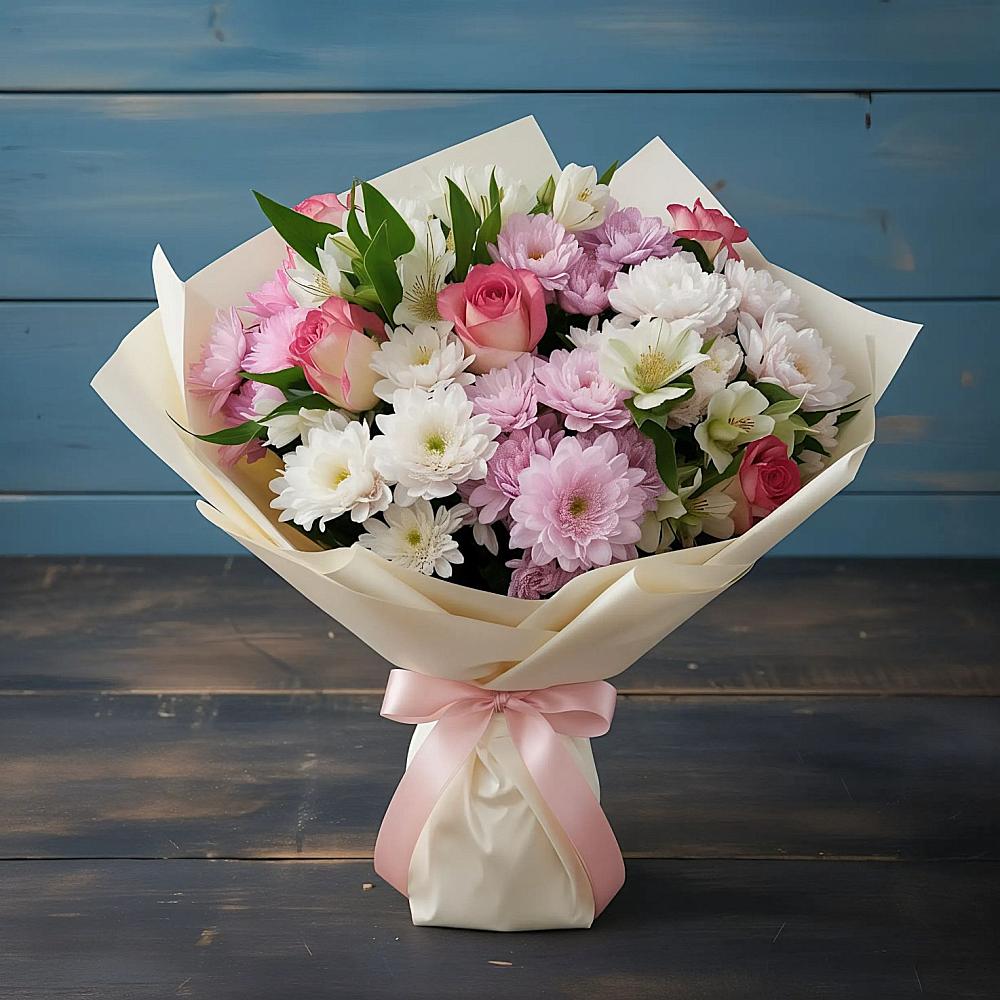 Букет цветов из: Хризантемы, Альстромерии и Розы в Большеречье